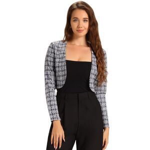 Vintage Crop Shrugs Bolero Open Front Plaid Tweed Cardigan Black White